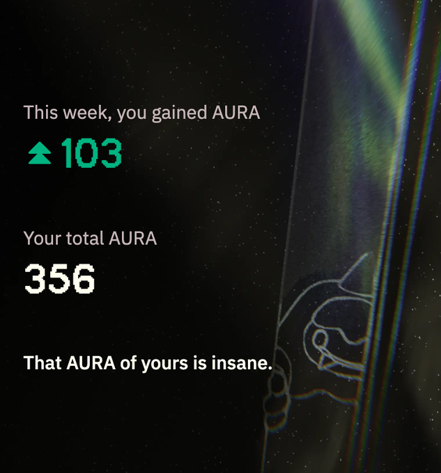 A screenshot displays "This week, you gained AURA 103" and "Your total AURA 356" with the caption "That AURA of yours is insane," celebrating a 103-point weekly increase in their AURA score on the Bulk Trade platform to a total of 356.
