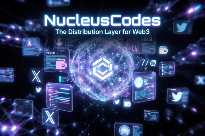 The image promotes "NucleusCodes - The Distribution Layer for Web3," featuring a glowing hexagonal logo at the center surrounded by floating digital icons including Twitter, X, user profiles, folders, and data panels. It visually echoes the post's message by depicting an interconnected web of social and onchain identity data, reinforcing the idea of Nucleus as a reputation engine that transforms user history into programmable assets for precise distribution of rewards and access.