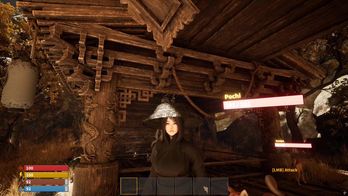 A screenshot from a video game showing a female character in a black hooded outfit and conical hat standing under a wooden pavilion, with character stats UI visible on the left and dialogue options labeled "Pochi" and "shhh" on the right.