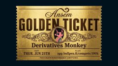 The image is a "Golden Ticket" awarded to Derivatives Monkey, dated Thursday, June 25th, at 5:30 PM, featuring an illustrated monkey in a suit and referencing a pair trading tournament. It visually celebrates the trader's invitation to the BullpenFi and Pear Protocol pair trading tournament mentioned in the post.