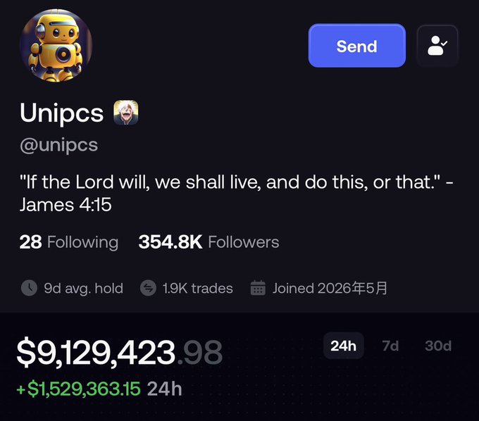 A profile page for @unipcs displays the bio quote 'If the Lord will, we shall live, and do this, or that.' - James 4:15, showing 354.8K followers and a 24h value change of +$1,529,363.15 to total $9,129,423.98.