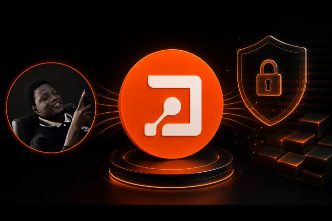 The image features a person on the left alongside the orange "P" Primus cryptocurrency logo on a pedestal, with a padlock shield icon on the right symbolizing security—all set against a backdrop of digital data streams and binary code, visually reinforcing the post's message about unlocking valuable information (exchange activity, credentials, financial records, and online history) typically hidden within Web2.