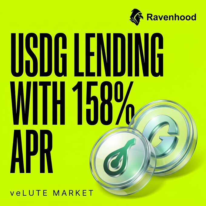 Advertisement on a green background featuring 'Ravenhood' logo and text reading 'USDG LENDING WITH 158% APR' alongside 'veLUTE MARKET' with two coin graphics (Sui logo).