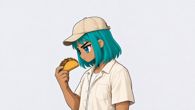 An anime-style illustration of a character with teal hair, a beige cap, and a white shirt, holding a taco and looking at it with a skeptical expression.