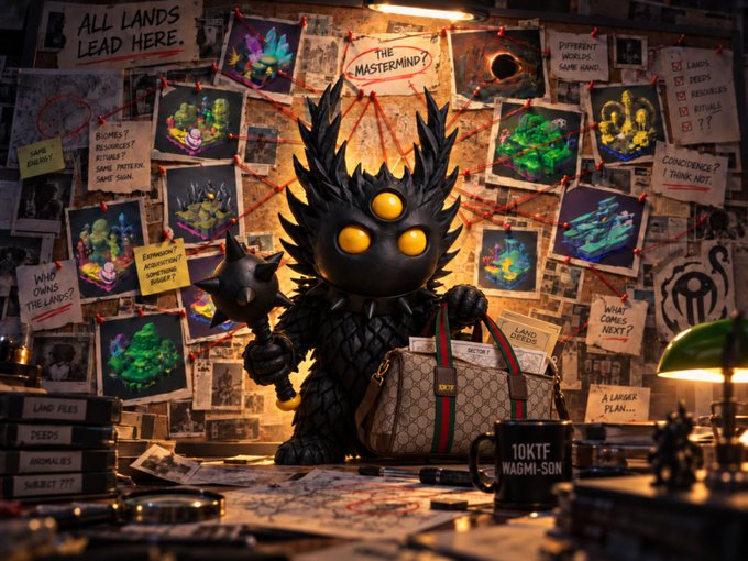 A dark, spiky creature with glowing yellow eyes holds a spiked club and a Gucci bag, sitting in front of a corkboard covered with photos and notes about different lands and "10KTF WAGMI-SON".