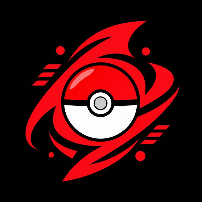A stylized red and black graphic of a Pokéball surrounded by tribal-style flame designs and speed lines on a black background.