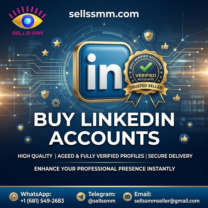 An advertisement for sellssmm.com displays a large LinkedIn logo with a '100% VERIFIED ACCOUNTS' badge, text reading 'BUY LINKEDIN ACCOUNTS', 'HIGH QUALITY | AGEED & FULLY VERIFIED PROFILES | SECURE DELIVERY', and contact details for WhatsApp (+1 681 549-2683), Telegram (@sellssmm), and Email (sellssmmseller@gmail.com).