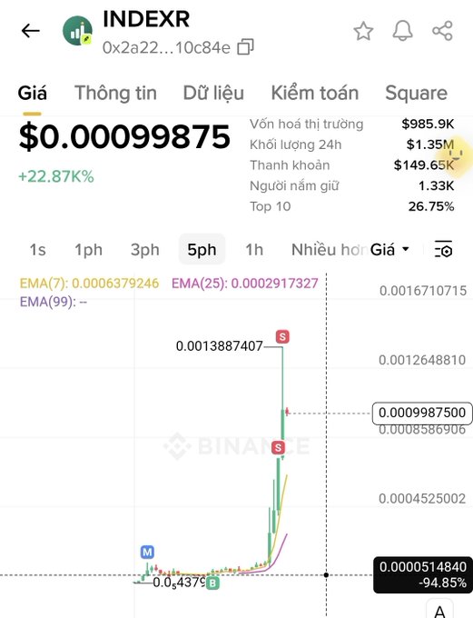 A cryptocurrency chart from INDEXR showing the token '0x2a22...10c84e' at $0.00099875 with a +22.87% gain and market cap of $985.9K.