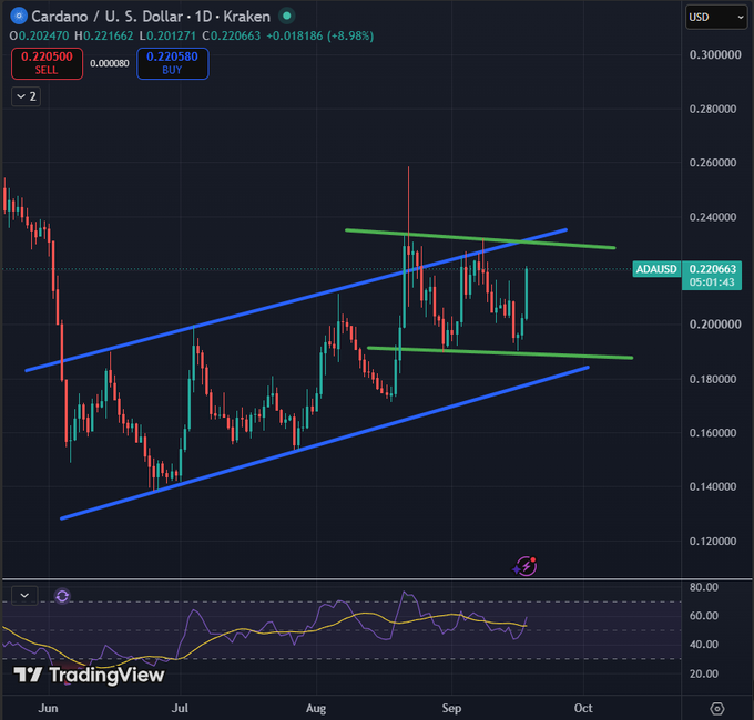 A TradingView daily chart of Cardano (ADA/USD) on Kraken showing price at $0.220663 (-8.98%), featuring an ascending channel (blue trendlines) containing a smaller descending channel (green trendlines), with both channels converging at a resistance area near $0.24, supporting the post's analysis of a potential breakout toward $0.30.