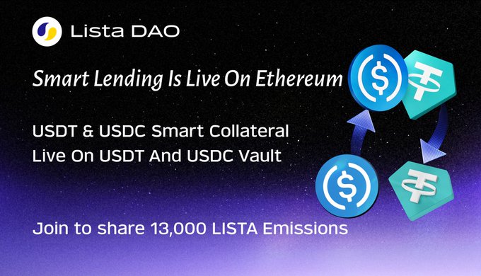 The image features a poster with a purple background that displays information about smart lending and Ethereum. The poster includes text promoting the listing of smart lending services on Ethereum, specifically mentioning USDC and USDT savings vaults. There are two blue circles representing cryptocurrency tokens, one labeled "USDT" and the other "USDC", indicating the types of assets available for lending. The poster also mentions that users can join to share 13,000 LISTA emissions up for grabs in the Ethereum Savings Vaults.