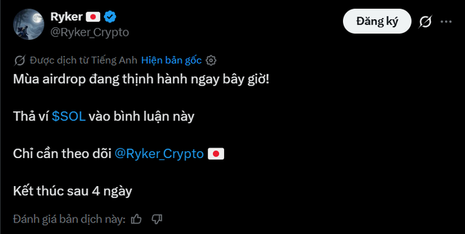 A Vietnamese tweet from Ryker (@Ryker_Crypto) announcing an 'airdrop season is heating up right now!' and asking users to drop $SOL and follow the account, ending in 4 days.
