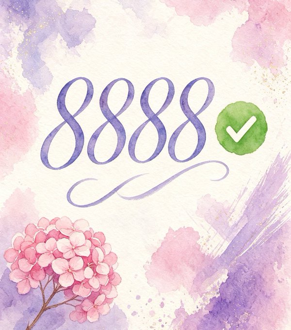 A watercolor-style design featuring the number "8888" in purple script with a green checkmark, surrounded by pink and purple watercolor splotches and pink hydrangea flowers.