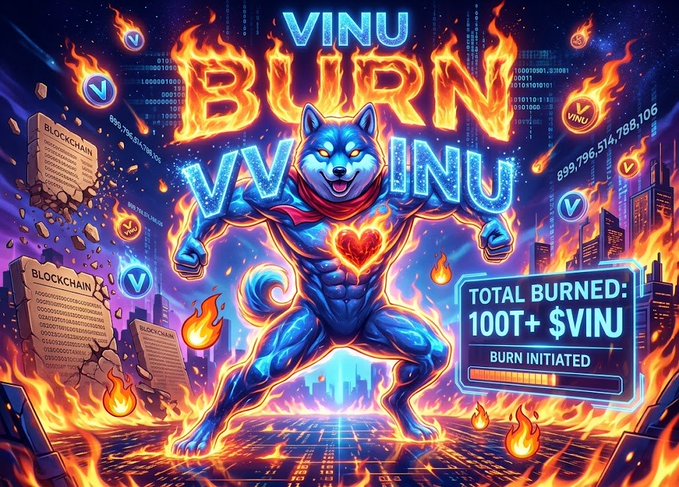 A vibrant crypto meme graphic for VINU featuring a blue dog-shark hybrid creature with the text 'VINU BURN VV INU' and 'TOTAL BURNED: 100T+ $VINU' against a fiery blockchain background.