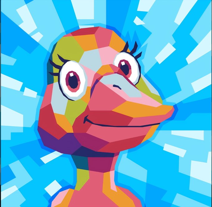A vibrant pop-art style illustration of a colorful reptilian or amphibian character with large eyes against a bright blue geometric background.