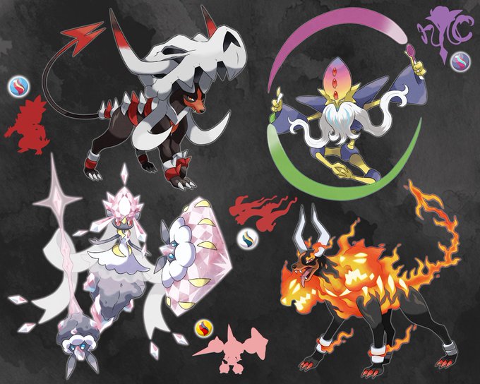 A collection of four custom-designed Pokémon fusions, including a white and red skeletal-horned beast, a lunar-themed humanoid figure, a crystal-covered white creature wielding a gem shield, and a fiery black canine with flame-tipped horns, each accompanied by small silhouette icons, reflecting the creative and unique combinations celebrated in the "stoneswap" fan event.