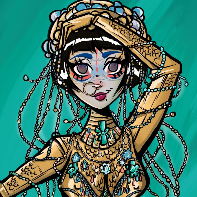 An anime-style illustration of a woman with dark hair, red and blue facial markings, a nose ring, and elaborate gold clothing with hanging beaded chains against a teal background.