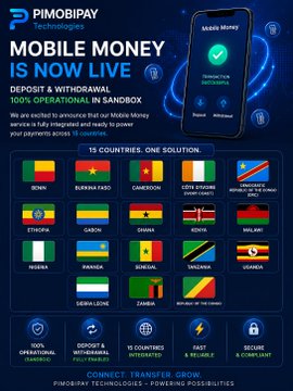 The image is a promotional graphic from "PIMOBIPAY - Solutions Beyond Imagination" announcing that mobile money services are now live in sandbox mode, highlighting 100% operational status and featuring flags of 15 countries including Benin, Burkina Faso, Cameroon, Ivory Coast, Democratic Republic of Congo, Ethiopia, Gabon, Ghana, Kenya, Malawi, Nigeria, Rwanda, Senegal, Tanzania, Uganda, and Zambia. The graphic showcases a mobile phone interface displaying a successful transaction of 0.10 Pi, aligning with the post's announcement about expanding mobile money capabilities across multiple African nations through PawaPay and GeniusPay integrations.