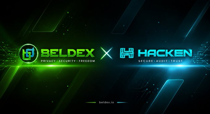 A dark graphic with green and blue accents displays the logos and names 'BELDEX' with the tagline 'PRIVACY · SECURITY · FREEDOM' and 'HACKEN' with 'SECURE · AUDIT · TRUST', along with 'beldex.io'.