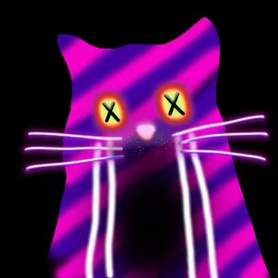A psychedelic cat illustration with purple and pink stripes, glowing yellow X-shaped eyes, a pink heart-shaped nose, and luminescent whiskers against a black background.