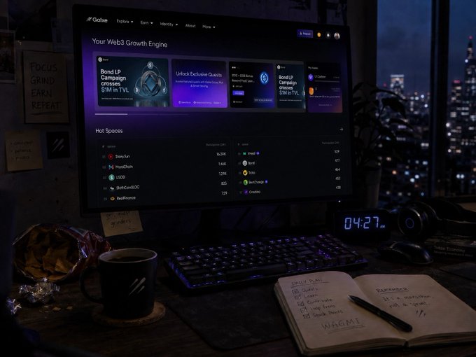 A computer displays the Galxe dashboard advertising a "Bond LP Campaign crosses $1M in TVL," alongside a notepad listing "Daily grind" tasks—Listen, Comment, Long term, Track Posts—and a sticky note reading "FOCUS GRIND EARN REPEAT," evoking the daily effort and accomplishment of crypto "quest grinders."