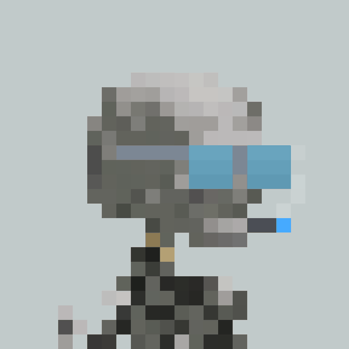 Pixel art of a character wearing futuristic blue/white goggles and a white head covering against a light blue background.