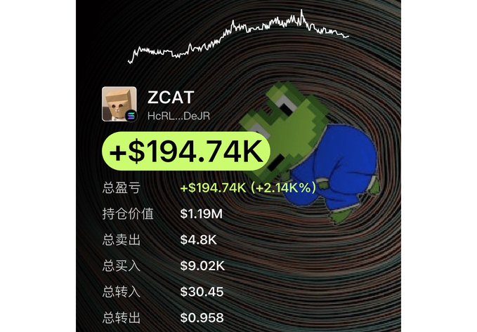 A meme-style cryptocurrency portfolio image featuring the user 'ZCAT' with username 'HcRL...DeJR' showing a profit of +$194.74K (+2.14%) and total holdings of $1.19M, with a Pepe frog mascot in the background.