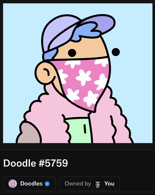 A digital NFT artwork titled 'Doodle #5759' showing a cartoon character wearing a purple cap and a pink floral face mask.