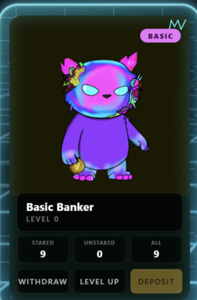 Digital NFT card showing a 'Basic Banker' character at LEVEL 0 with a purple body and colorful head, displaying staked count of 9 and options to withdraw, level up, or deposit.