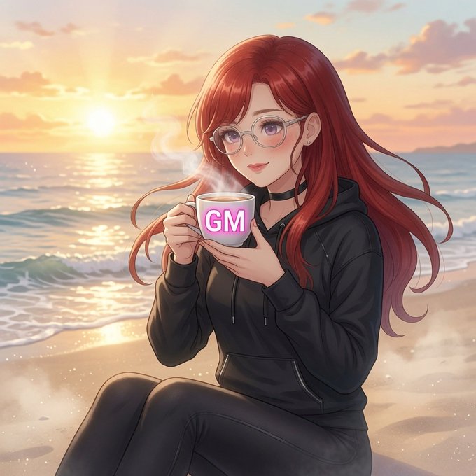 An anime-style illustration of a red-haired woman with glasses wearing a black hoodie, sitting on a beach at sunset and holding a steaming mug with 'GM' written on it.