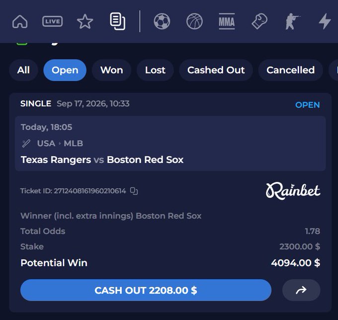 A sports betting app screen on Rainbet shows an open single bet on a USA MLB game between the Texas Rangers and Boston Red Sox, with a potential win of $4,094.00 from a $2,300 stake.