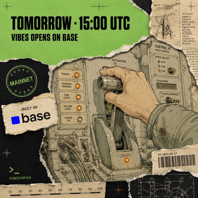 The image features a poster with a hand holding a control panel, which appears to be an old-fashioned control panel for a machine or vehicle. The poster also includes text that reads " Tomorrow. 15:00 UTC. VIBES raise opens, seven days, exclusively on @Base". The poster is in black and white, giving it a vintage feel. It seems to be promoting the idea of raising awareness about a specific cause or event related to Vibes raises.