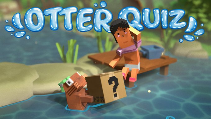 Title screen for a voxel-style video game called 'Otter Quiz,' showing a character on a wooden dock reaching toward a box with a question mark floating in the water, while an otter-like creature watches.