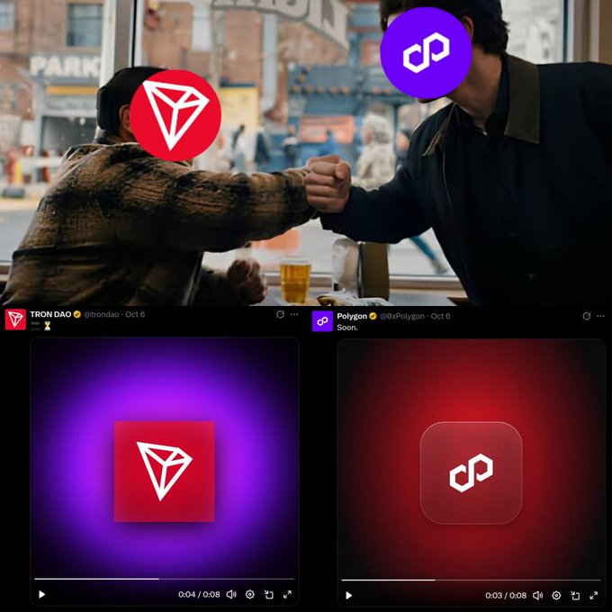 A social media post showing two figures fist-bumping with TRON DAO and Polygon logos overlaid as faces, suggesting a partnership between @trondao and @0xPolygon from October 6, with separate video previews below.