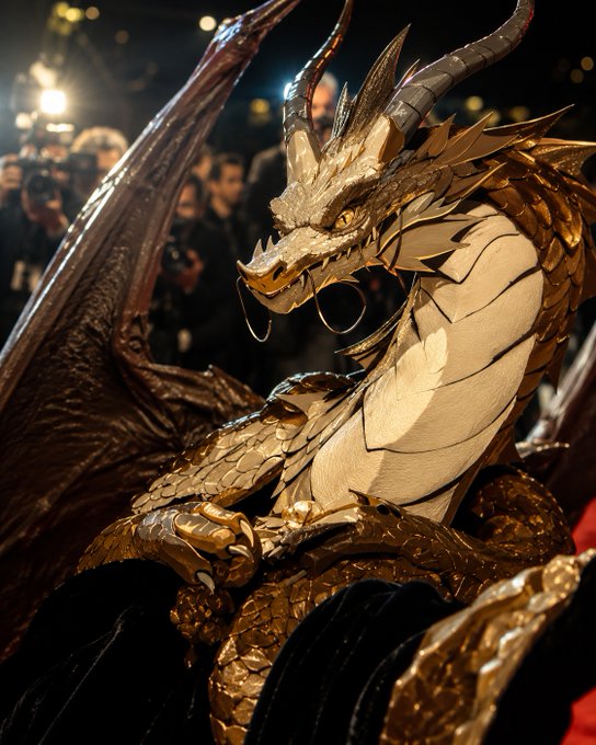 The image features a large, intricately designed dragon statue with gold accents, surrounded by a crowd of people who are taking pictures and admiring its beauty. The dragon's wings are spread wide open, showcasing its impressive size and detailed craftsmanship. The scene suggests that this is an event or gathering where the dragon statue has been placed to attract attention and create a memorable experience for those in attendance.