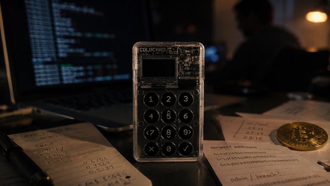 A moody, low-light photograph of a hardware wallet device labeled 'COLD CARD' sitting on a desk next to handwritten notes, a Bitcoin, a pen, and a laptop showing code.