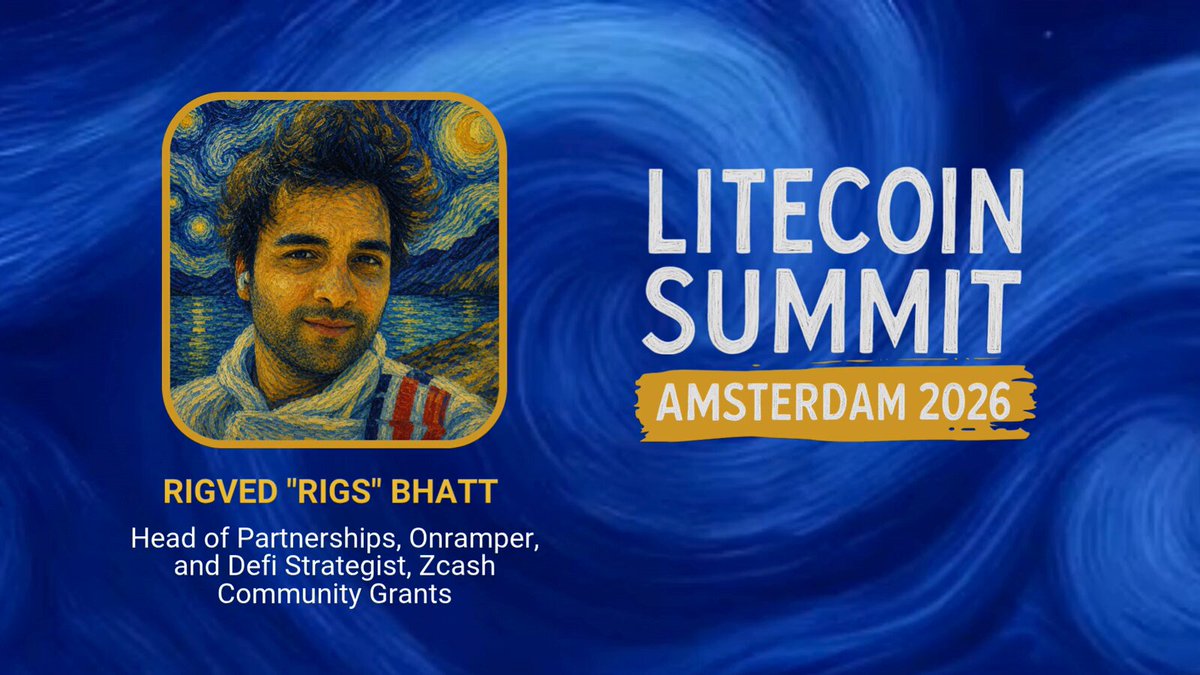 The image features a man with curly hair wearing a white shirt, standing against a blue background that looks like waves or water. The man appears to be smiling for the camera while posing for the photo. The text "Litecoin Summit Amsterdam 2016" is written in black at the bottom of the image, and it also includes the names Rigved Rigs Bhatt and Head of Partnerships @ @GetOnramper.