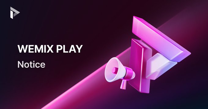 The image features a pink megaphone with the text "WEMIX PLAY NOTICE" written above it. The background of the image is black, which contrasts with the pink megaphone. The text "WEMIX PLAY Update Schedule Postponed The DRACO & HYDRA WEMIX3.0 mainnet migration and system update, previously scheduled for Jun. 23, has been postponed to ensure a safer and more complete experience for our users." This message is written in white text against the black background of the image.