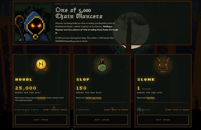 The image displays a pixel-art themed interface for "One of 5,000 Chain Mancers," a meme token ecosystem on Robinhood Chain, where Manor is being built as a trading/liquidity hub. It showcases three spots labeled HOODL (25,000), SLOP (150), and SLONK (1), all marked as "NOT OPEN," indicating they have been fully claimed—aligning with the post's observation that all spots sold out within just over an hour, with users likely drawn in by the similar mechanics to the successful Stonkbrokers launch.