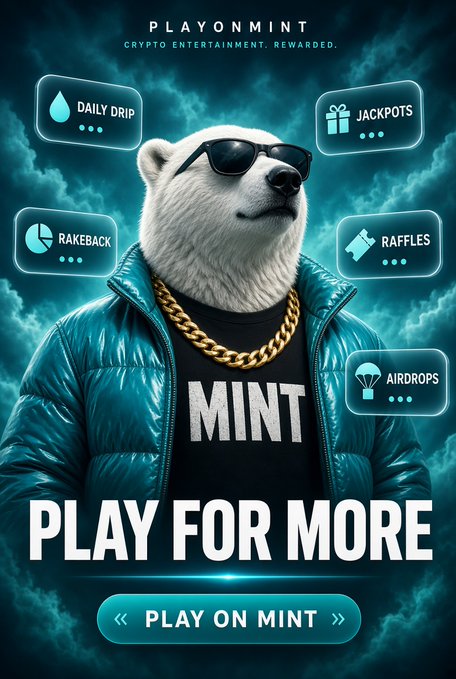 An advertisement for 'PLAYONMINT' features a polar bear wearing sunglasses, a gold chain, and a teal puffer jacket with 'MINT' on its shirt, surrounded by feature bubbles for Daily Drip, Jackpots, Rakeback, Raffles, and Airdrops, with text 'PLAY FOR MORE' and a 'PLAY ON MINT' button.