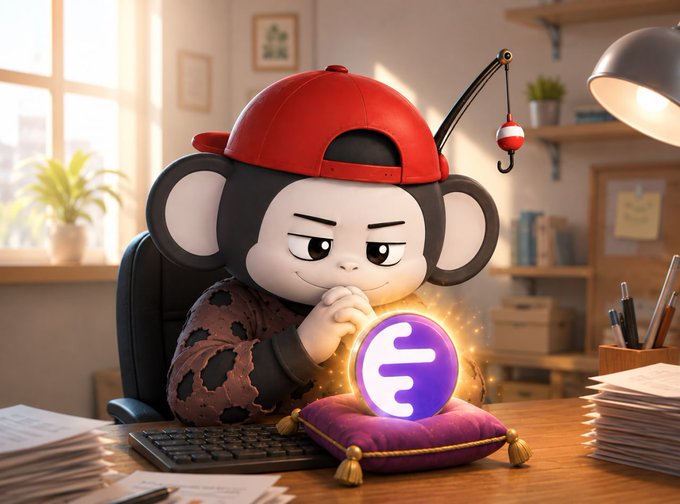 A cartoon monkey wearing a red cap with a fishing rod sits thoughtfully at a desk, gazing at a glowing purple "E" logo resting on a pillow, suggesting careful research or evaluation. The image pairs with the post's theme of monitoring growing activity on the Ink chain, symbolizing the user patiently watching and curating their early watchlist of NFT and inscription projects like @InkersonInk, @INKprintor, and @Babies_Ink.