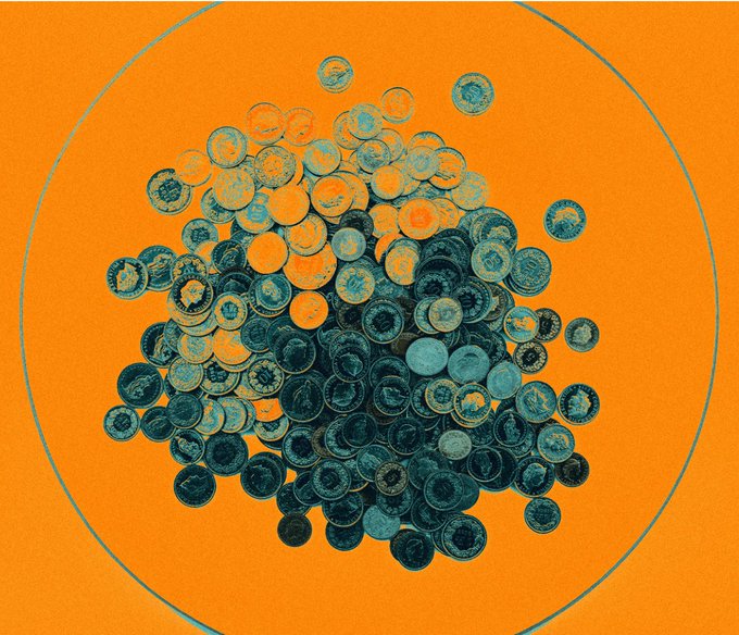 A pile of blue and orange coins sits within a circular outline against a vibrant orange background, visually representing the accumulation of capital in a funding round. The image accompanies news that stablecoin payments startup Velocity raised a $10 million Series A extension from notable investors including Visa Ventures and Circle Ventures, bringing its total funding to $48 million.