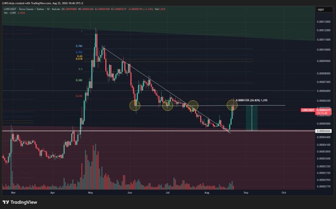 A TradingView daily candlestick chart for LUNC/USDT (Terra Classic / Tether) on Binance shows price rejecting off the 0.236 Fibonacci retracement level (~0.0000562) beneath descending trendline resistance, with a potential setup forming toward a breakout toward 0.0000625. The chart visually supports the post's thesis of a retrace to ~0.000053 before a second breakout attempt.