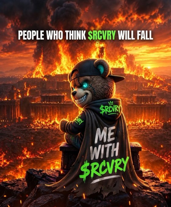 A digital illustration shows a fierce, grinning teddy bear wearing a black cap and cloak standing before a burning, apocalyptic cityscape. The image includes the text 'PEOPLE WHO THINK $RCVRY WILL FALL' at the top and 'ME WITH $RCVRY' on the bear's cloak.