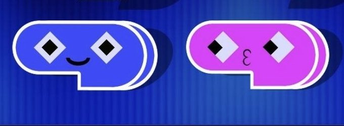 Two cartoon mascot logos resembling stylized 'P' shapes with diamond eyes—one blue and smiling, one pink and winking—set against a striped blue background.