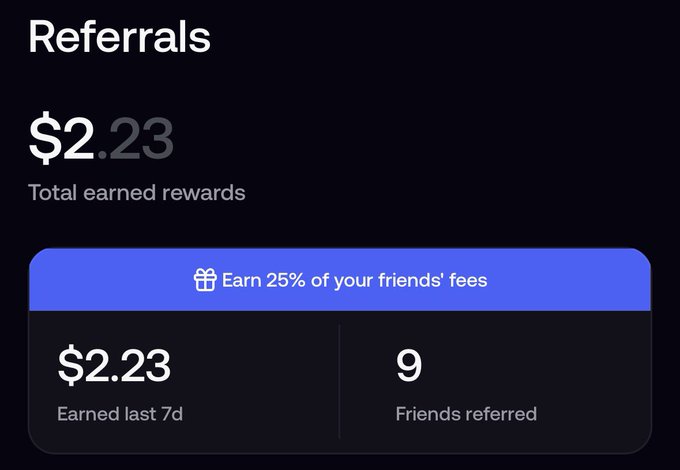 A "Referrals" dashboard showing $2.23 in total earned rewards, with $2.23 earned in the last 7 days from 9 friends referred, alongside a banner promoting "Earn 25% of your friends' fees." The image visually supports the post by illustrating the modest referral earnings the user is gratefully acknowledging from friends who used their @fomo link.