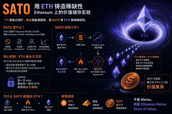 The image features a poster with an illustration of a black hole, surrounded by a blue aura, which represents the cryptocurrency market. The poster also includes text that reads "SATO Etherum", "Ethereum", and "SATO", along with other terms related to cryptocurrencies such as "eth", "etherum", and "SATO". The poster is accompanied by a caption that says "Uniswap was born in the darkest 2018 bear market, yet it ignited the entire DeFi Summer— and now history is repeating itself. $SATO perfectly embodies this spirit of “proving DeFi is inevitable through building."