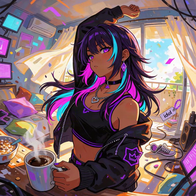 An anime-style girl with vibrant purple and cyan streaked hair stretches one arm overhead while casually holding a steaming mug of coffee in a sunlit room filled with gaming setups and monitors. A phone on the windowsill displays "idol" and "IDOL64" is visible, matching the post's "Idol64 is cooking" vibe of a hype Saturday morning fueled by coffee and crypto alpha from @Animarc.