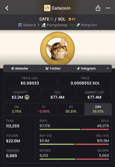 The image shows a cryptocurrency tracking page for Catecoin (CATE/SOL) on Solana via PumpSwap/Pump.fun, displaying metrics like a $77.4M market cap, $0.08033 USD price, $22.0M 24H volume, and 39.10% 24H gains—likely presented as "proof" of past call performance to support the post's pitch for another potential 100x memecoin.