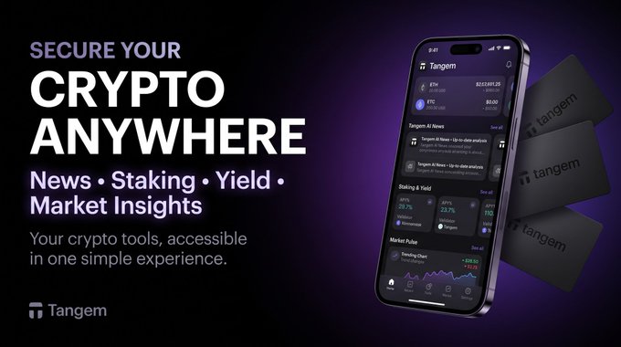 An advertisement for Tangem reads "SECURE YOUR CRYPTO ANYWHERE" with features "News • Staking • Yield • Market Insights," showing the app interface and three Tangem hardware wallets.