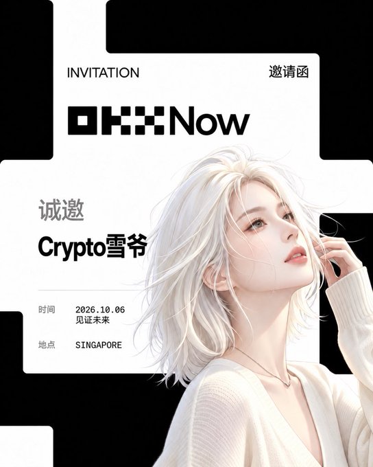 An invitation graphic featuring a white-haired woman, with text including 'OKX Now', 'INVITATION 邀请函', '诚邀 Crypto雪爷', '2026.10.06', and 'SINGAPORE'.